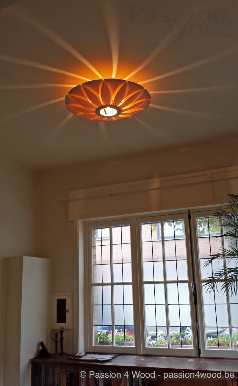 Lotus lamp als plafond lamp in rozen hout in living